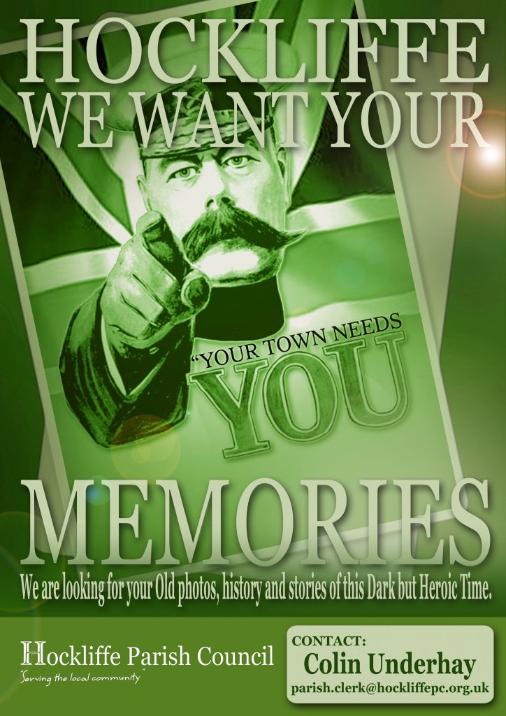 Green coloured poster asking for your memories of Hockliffe