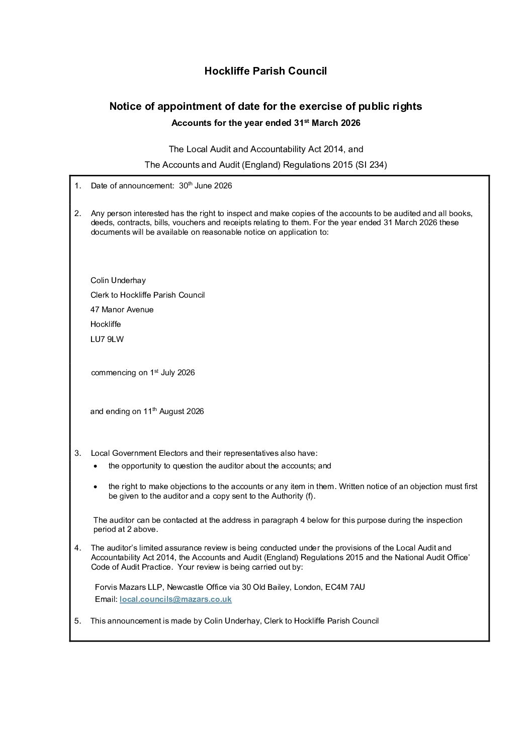 Notice of appointment